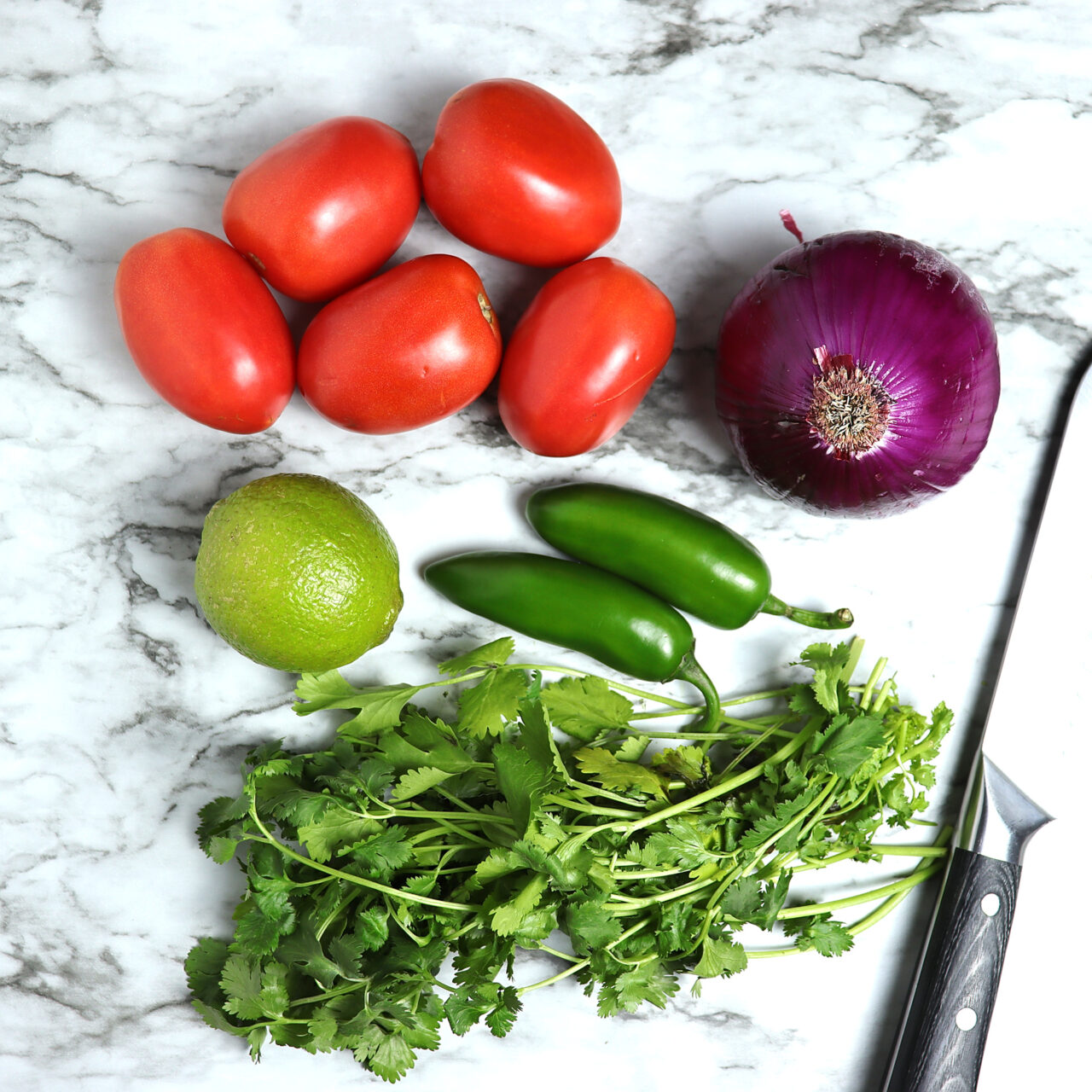 Fresh Pico de Gallo ingredients including Roma tomatoes, red onion, lime, jalapeño, and cilantro.