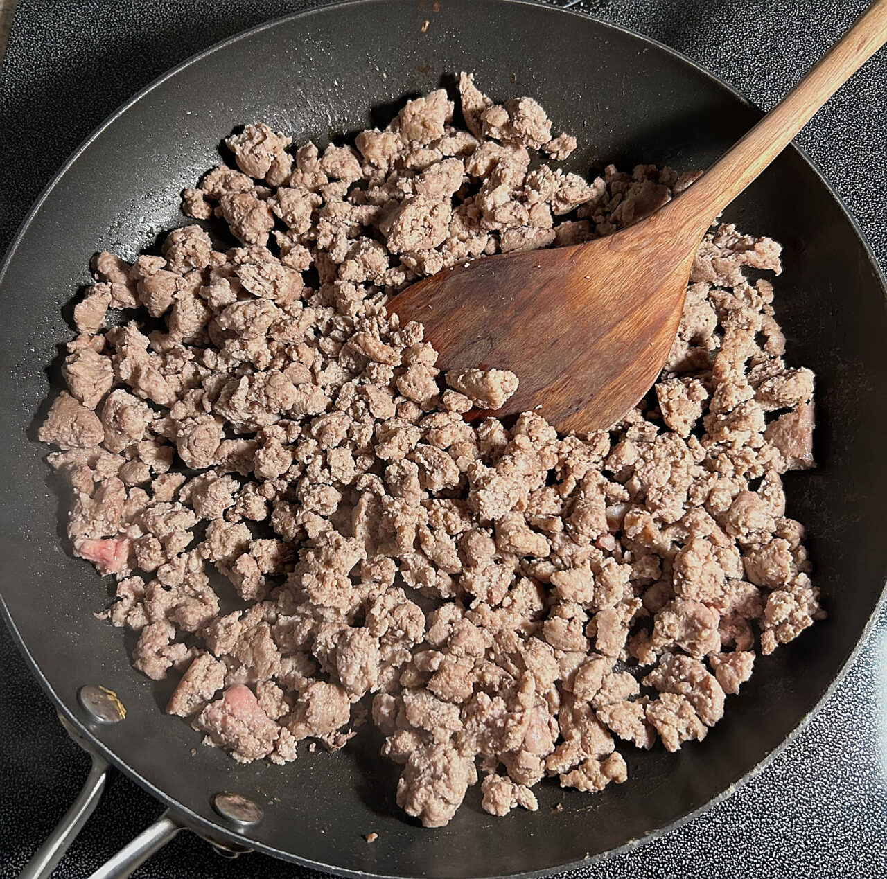 Skillet for browned ground chicken.