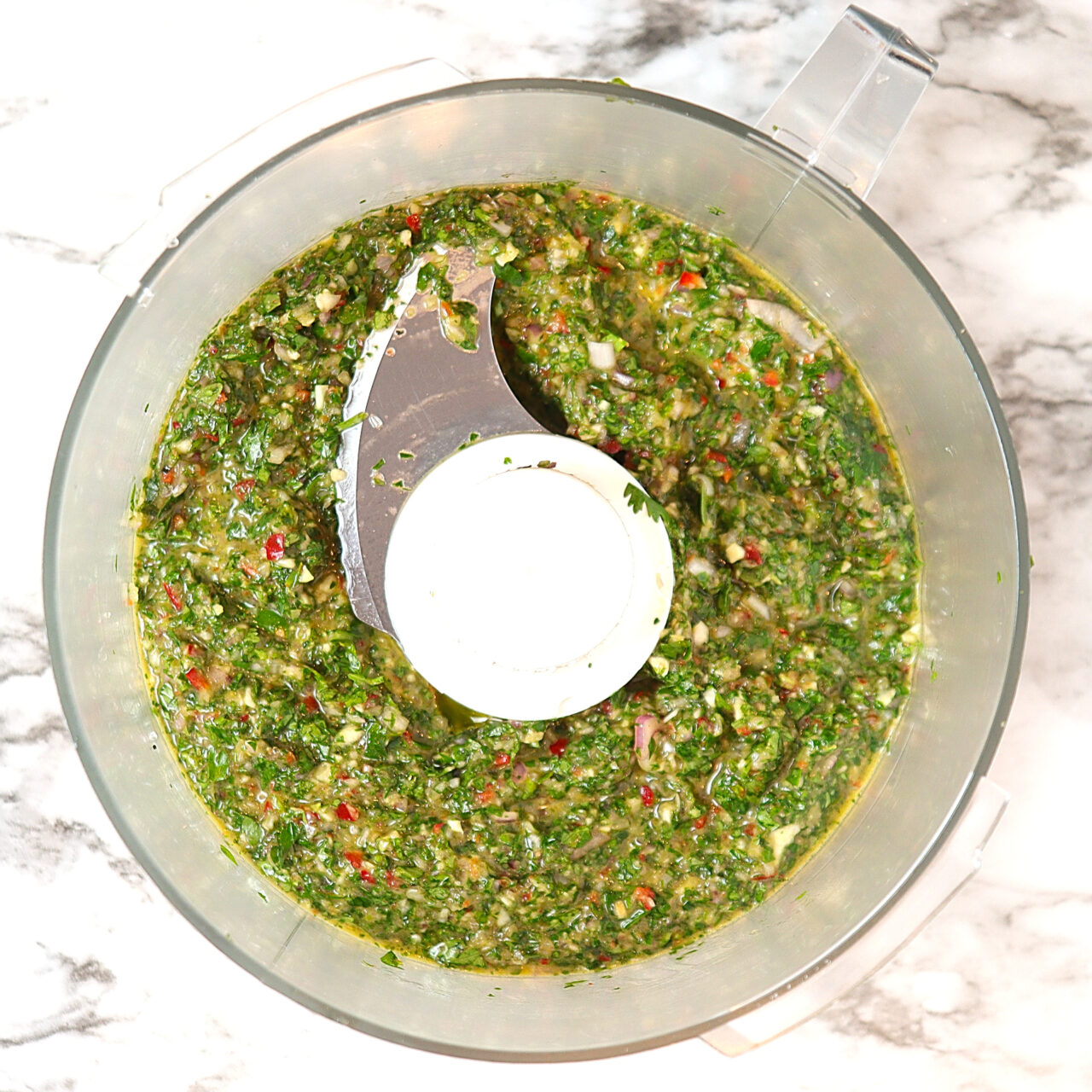 A nicely blended chimichurri sauce.