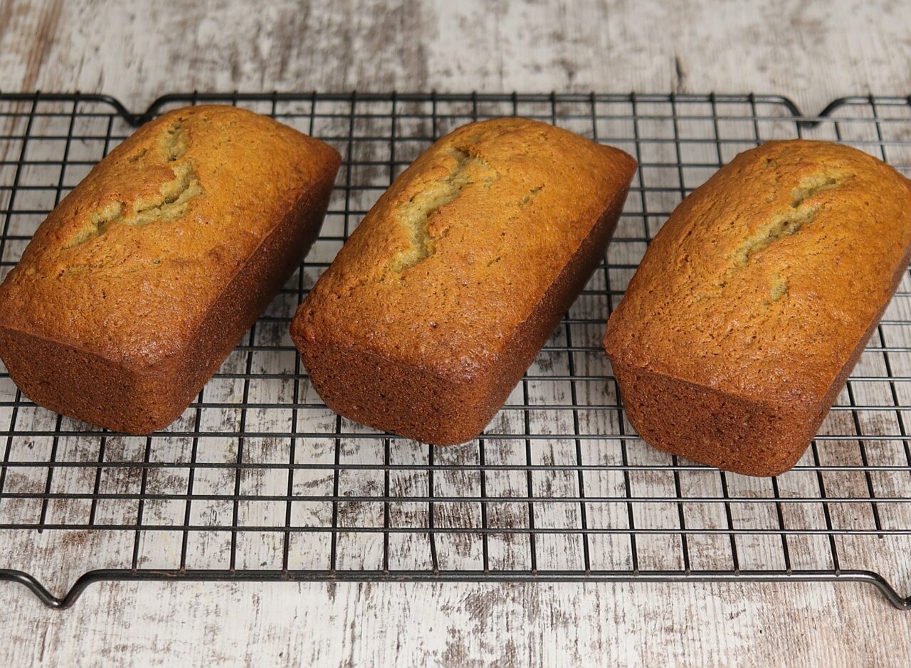 Baked loaves of fresh warm banana bread.